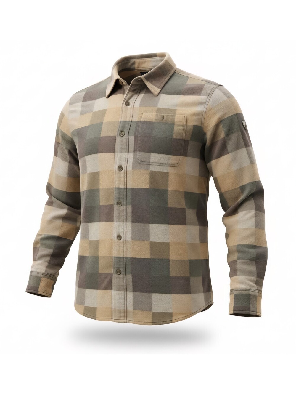 Kuhl Mens Medium M Button Down Flannel Shirt Plaid Check Earth Tone Hiking